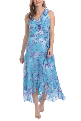 London Times V-Neck Tiw Side Ruffle Wrap Zipper Back Floral Print Chiffon Dress - SKY LILAC - FRONT 