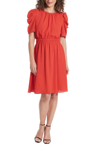 London Times Shirred Jewel Neck Puff Sleeve Midi Dress - RED - Front 