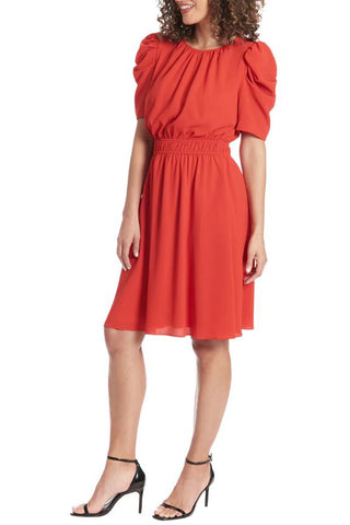 London Times Shirred Jewel Neck Puff Sleeve Midi Dress - RED - Front View