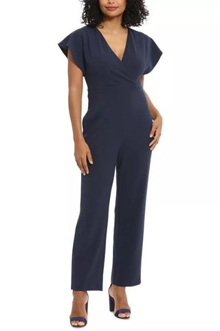 London Times Batwing V-Neck Side-Pocket Zipper Back Jumpsuit - NAVY - Front View