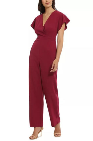 London Times Batwing V-Neck Side-Pocket Zipper Back Jumpsuit - PLUM - Front View