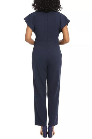 London Times Batwing V-Neck Side-Pocket Zipper Back Jumpsuit - NAVY - Back