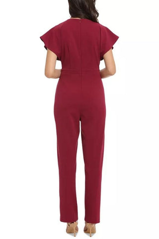 London Times Batwing V-Neck Side-Pocket Zipper Back Jumpsuit - PLUM - Back