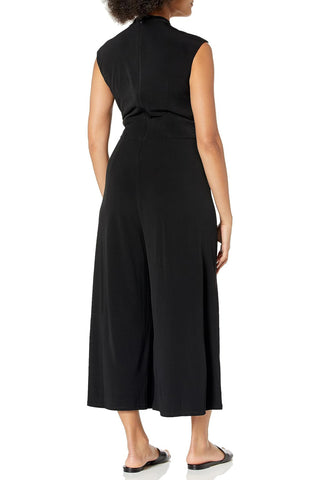 London Times Mock Neck Keyhole Front Sleeveless Tie Waist Wide Leg Solid Matte Jersey Jumpsuit - BLACK - Back