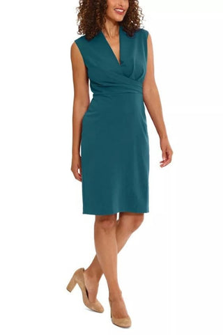 London Times Sleeveless V-Neck Sheath Dress - DEEP TEAL - SIDE