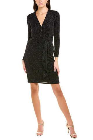 London Times Long Sleeve Shirred Surplice Side Flounce Dress - BLACK - Front