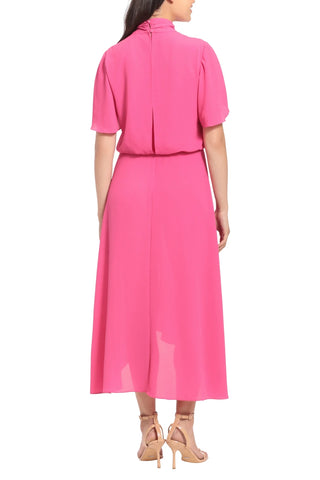 London Times Side Tie Flutter Sleeve Blouson Midi Dress - FUCHSIA - Back 