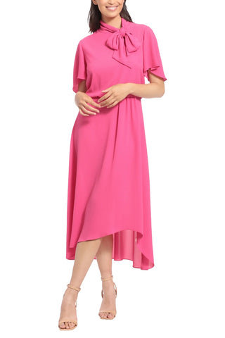 London Times Side Tie Flutter Sleeve Blouson Midi Dress - FUCHSIA - Front