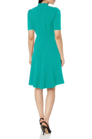 London Times Keyhole Puff Sleeve Polished Chic Flounce Hem Dress - EMERALD -BACK 