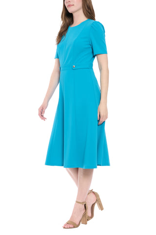 London Times Round Neckline Short Sleeves Waist Button Seamed Bodice Zipper Closure A-Line Midi Dress