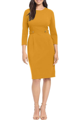 London Times Crew Neck 3/4 Sleeve Bodycon Button Adorned Waist Band Solid Scuba Crepe Dress - MUSTARD - FRONT VIEW 