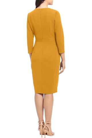 London Times Crew Neck 3/4 Sleeve Bodycon Button Adorned Waist Band Solid Scuba Crepe Dress - MUSTARD - BACK VIEW 