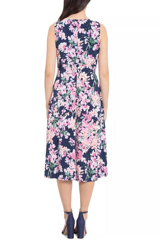 London Times Printed Sleeveless Versatile Empire A-line Keyhole Neckline Midi Dress - Navy Pink - Back