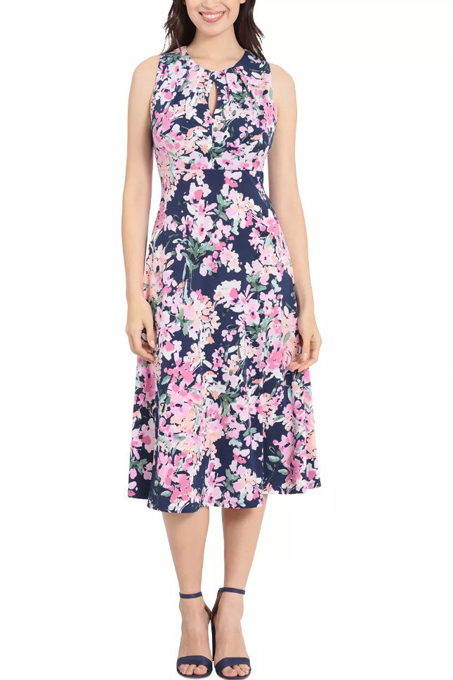 London Times Printed Sleeveless Versatile Empire A-line Keyhole Neckline Midi Dress London Times Printed Sleeveless Versatile Empire A-line Keyhole Neckline Midi Dress