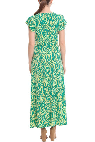 London Times Ruffled Short Sleeve V-Neck Printed Matte Jersey A-Line Dress - GREEN YELLOW - Back 