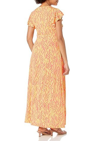 London Times Ruffled Short Sleeve V-Neck Printed Matte Jersey A-Line Dress - YELLOW CORAL - Back