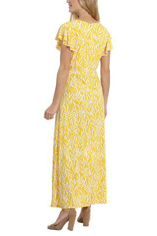 London Times Ruffled Short Sleeve V-Neck Printed Matte Jersey A-Line Dress - YELLOW WHITE - Back 