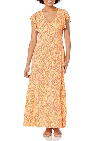 London Times Ruffled Short Sleeve V-Neck Printed Matte Jersey A-Line Dress - YELLOW CORAL - Front 