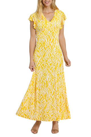 London Times Ruffled Short Sleeve V-Neck Printed Matte Jersey A-Line Dress - YELLOW WHITE - Front 