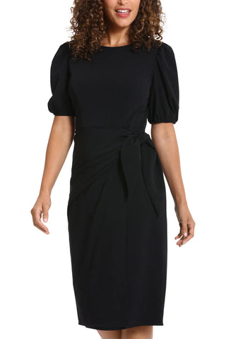 London Times Puff Sleeve Crew Neck Midi Sarong Wrap Dress - BLACK - Front