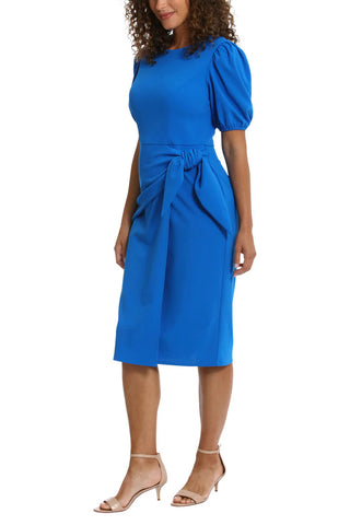 London Times Puff Sleeve Crew Neck Midi Sarong Wrap Dress - COBALT - Front View