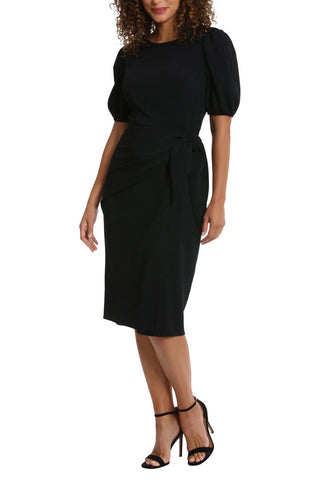 London Times Puff Sleeve Crew Neck Midi Sarong Wrap Dress - 
 BLACK - Front View