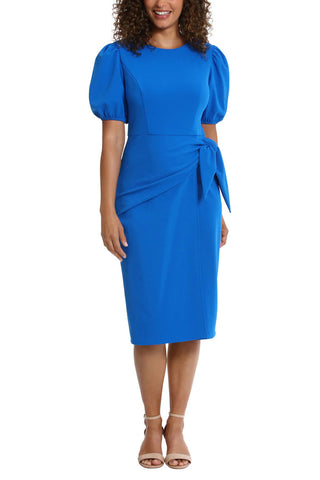 London Times Puff Sleeve Crew Neck Midi Sarong Wrap Dress - 
 COBALT - Front