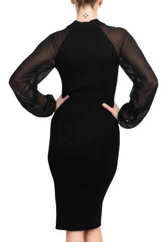 London Times crew neck chiffon long sleeve bodycon knit dress - BLACK - Back