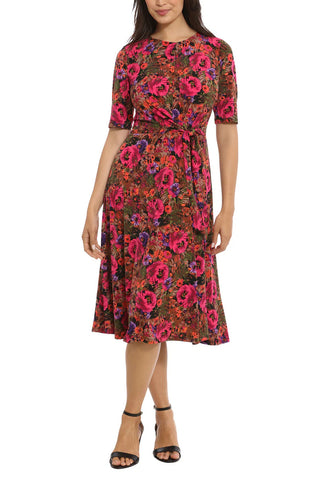 London Times Floral-Print Fit & Flare Dress - FUSCHIA MULTI - FRONT 