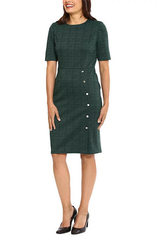 London Times Herringbone Sheath Button Skirt Dress - BLACK GREEN - Front View