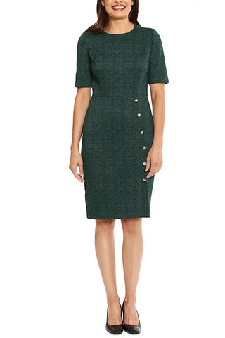 London Times Herringbone Sheath Button Skirt Dress - BLACK GREEN - 
Front