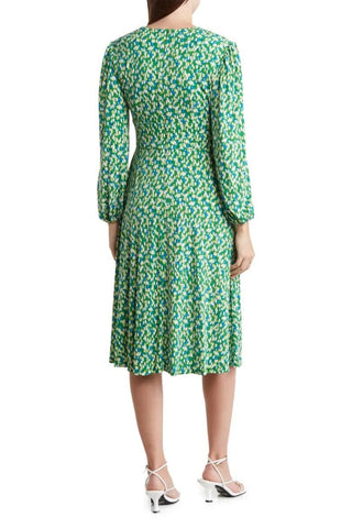 London Times Long Sleeve Ruched Empire Waist Midi Dress - GREEN BLUE - Back