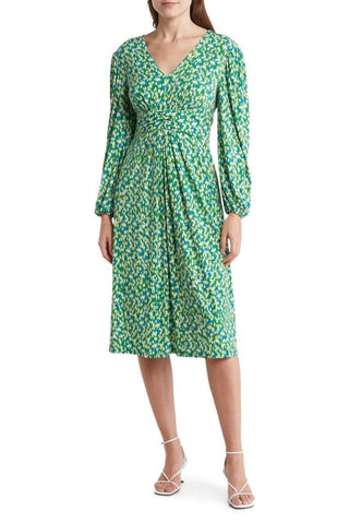 London Times Long Sleeve Ruched Empire Waist Midi Dress - GREEN BLUE - Front