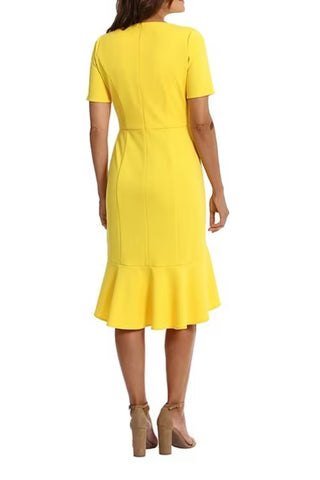 London Times Short Sleeve Scoop Neck High-Low Flounce Hem Scuba Crepe Sheath Dress - Yellow - Back