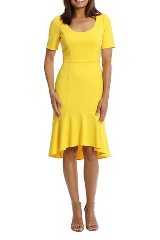 London Times Short Sleeve Scoop Neck High-Low Flounce Hem Scuba Crepe Sheath Dress - Yellow - Front