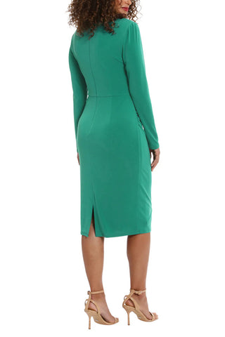 London Times Draped Neckline Slimming Midi Length Jersey Sheath Dress - ALPINE GREEN - Back