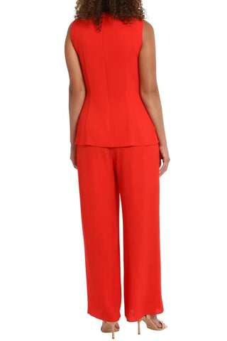 London Times Jewel Neck Pleated Crisscross Jumpsuit - Red - Back