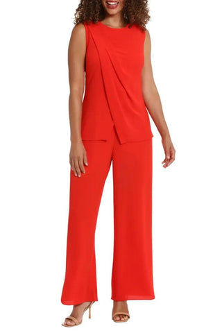 London Times Jewel Neck Pleated Crisscross Jumpsuit - Red - Front