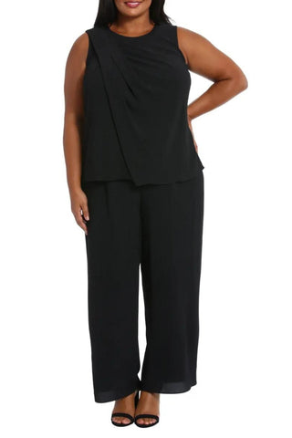 London Times Jewel Neck Pleated Crisscross Jumpsuit ( Plus Size ) - Black - Front