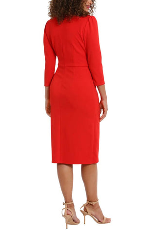 London Times Sweetheart Faux Wrap Side Ruched Midi Dress - Red - Back