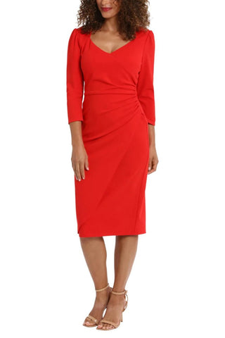 London Times Sweetheart Faux Wrap Side Ruched Midi Dress - Red - Front