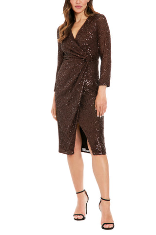 London Times Wrap Side Cascade Ruffle Dress - CHOCOLATE - Front