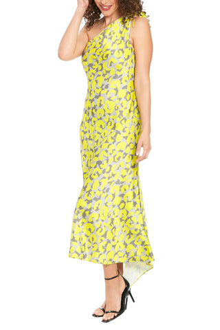 London Times Ruched One Shoulder Asymmetrical Dress - CITRON - Side 