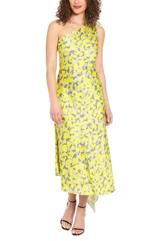 London Times Ruched One Shoulder Asymmetrical Dress - CITRON -Front