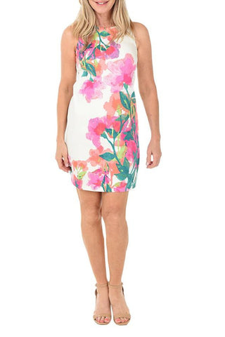 London Times Watercolor Floral Sleeveless Shift Dress - SOFT WHITE HOT HOUSE PINK - FRONT 