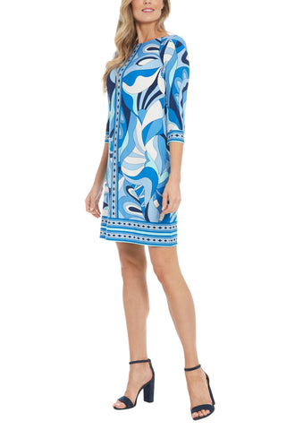 London Times Boat Neckline Quarter Sleeves Fitted Straight Hem Shift Mini Dress