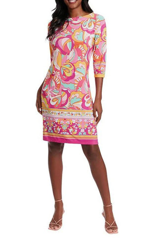 London Times 3/4 Sleeve Crew Neck Printed Shift Dress - Pink Multi - Front