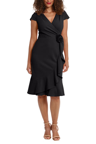 London Times V-Neck Cap Sleeve Wrap with Cascade Ruffle with Rosette Sheath Dress - BLACK - Front