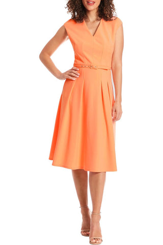 London Times V-Neck Tucked Midi With Belt Dress - PEACH - Full Front