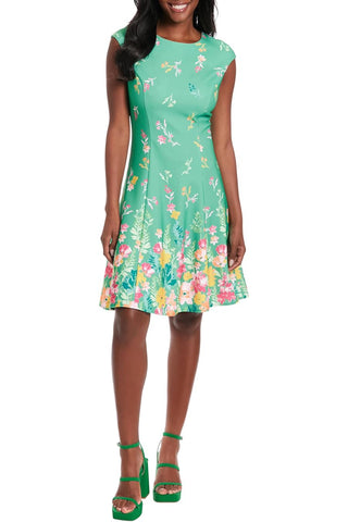 London Times Cap Sleeve Fit and Flare Dress - GREEN YELLOW - Front